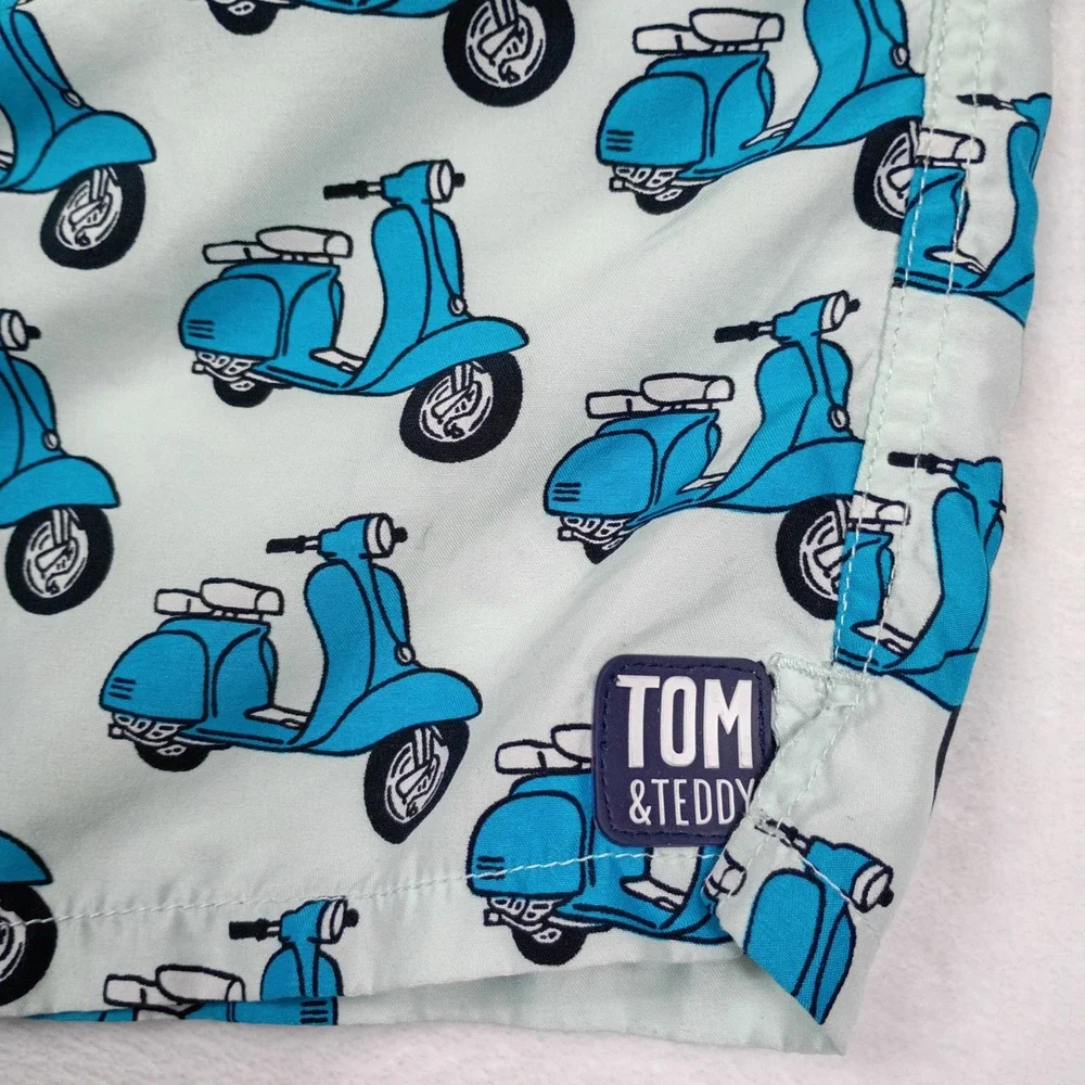 Tom & Teddy‎ Mens Blue Scooter Print Swim Trunks Mint  Medium M
